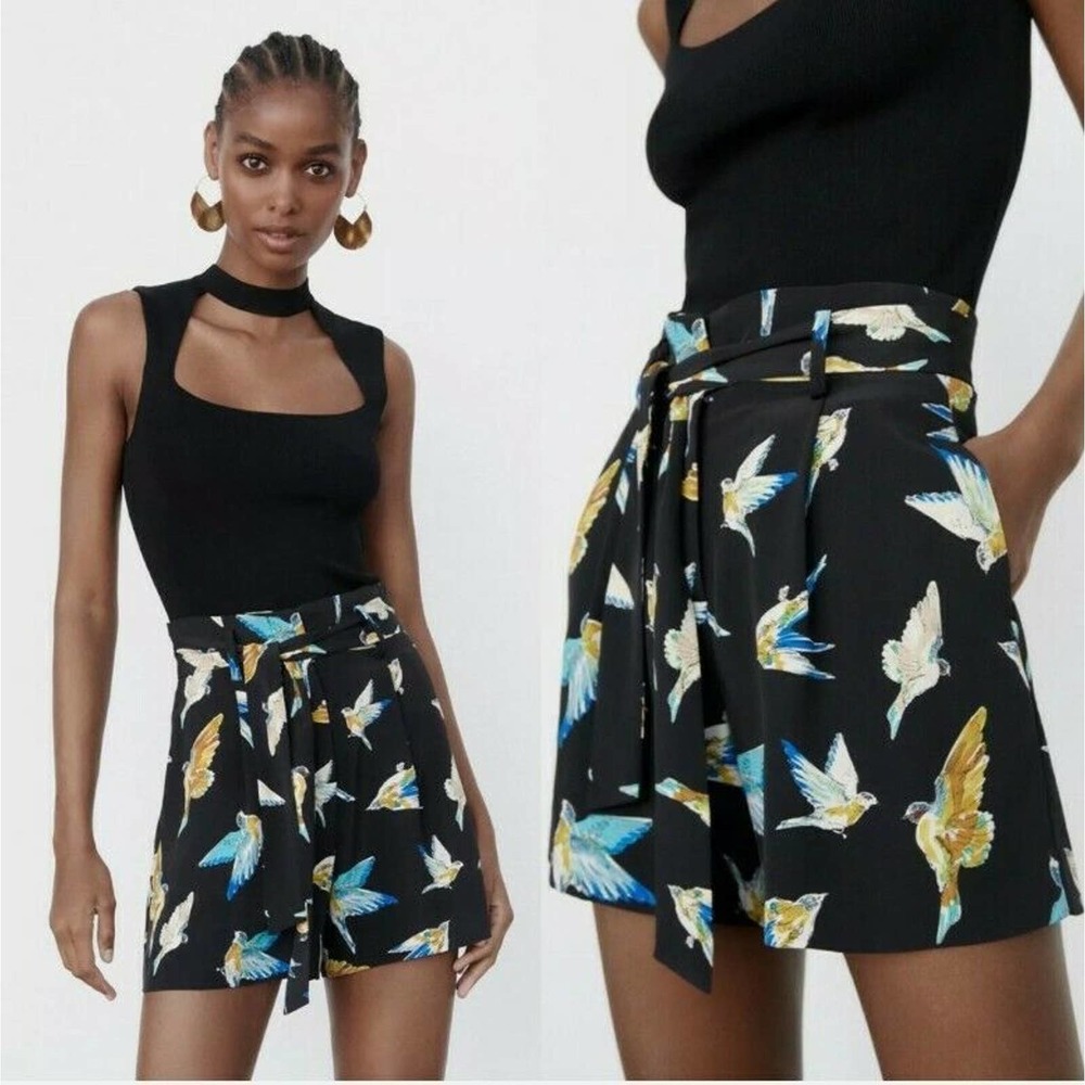 ZARA NWT BIRD PRINT PAPERBAG SHORTS MULTICOLORED | 8566/334 XS NWT (G